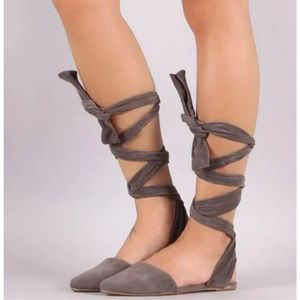 Bamboo Pointed Toe Lace Up Faux Suede Flat Size 7
